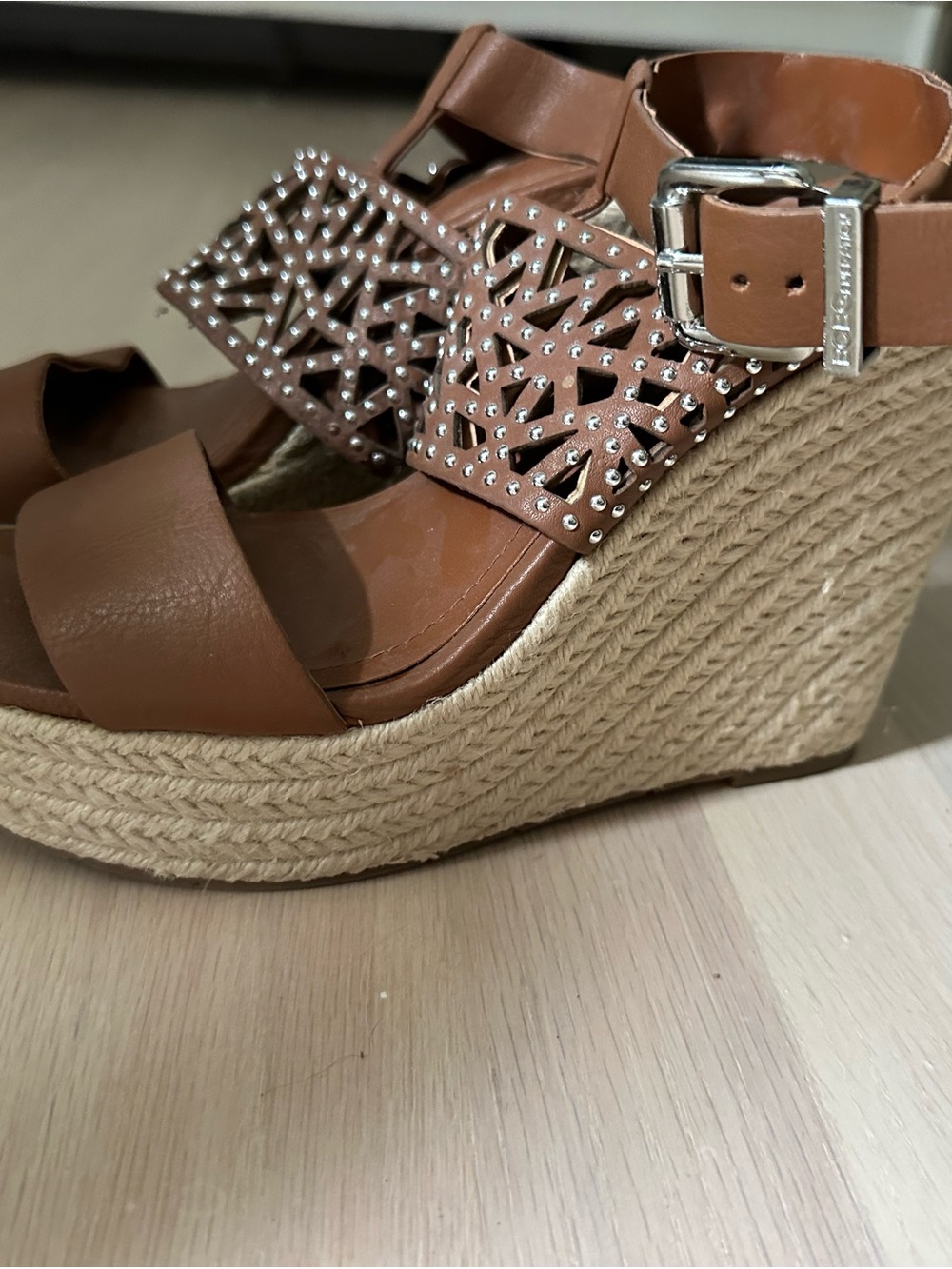 BCBGeneration Tan Brown Studded Cutout Espadrille Wedges